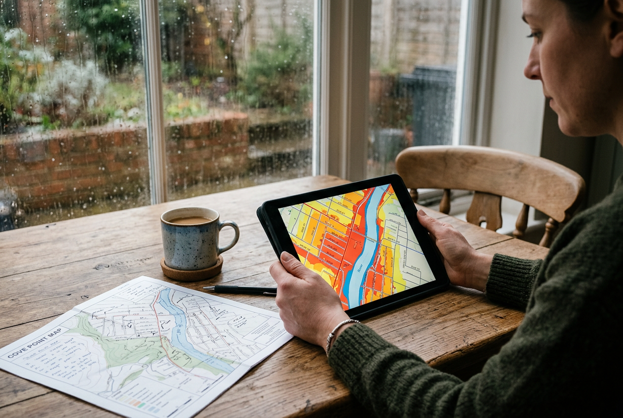 Hands holding tablet with flood map at kitchen table