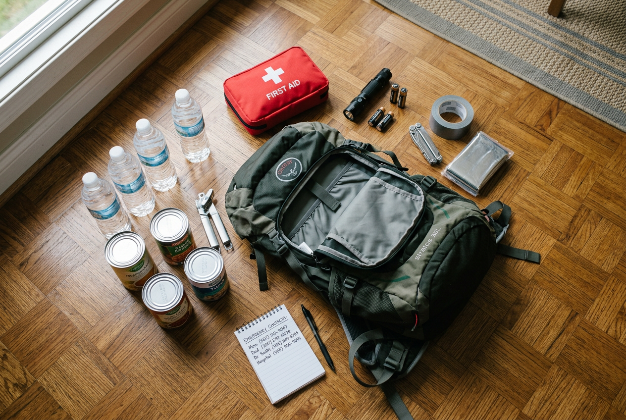 Overhead view of emergency go-kit supplies on floor