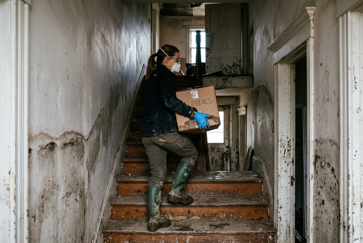 Person in protective gear cleaning flood-damaged home interior