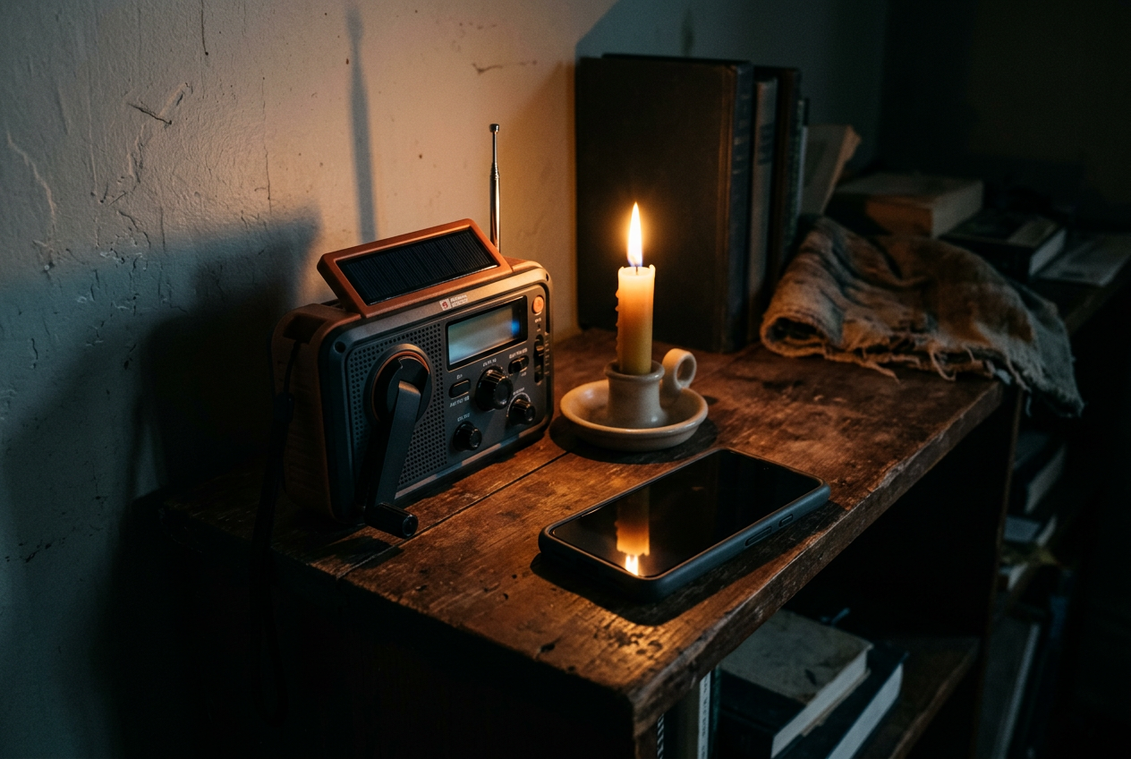 Hand-crank solar radio on shelf during power outage