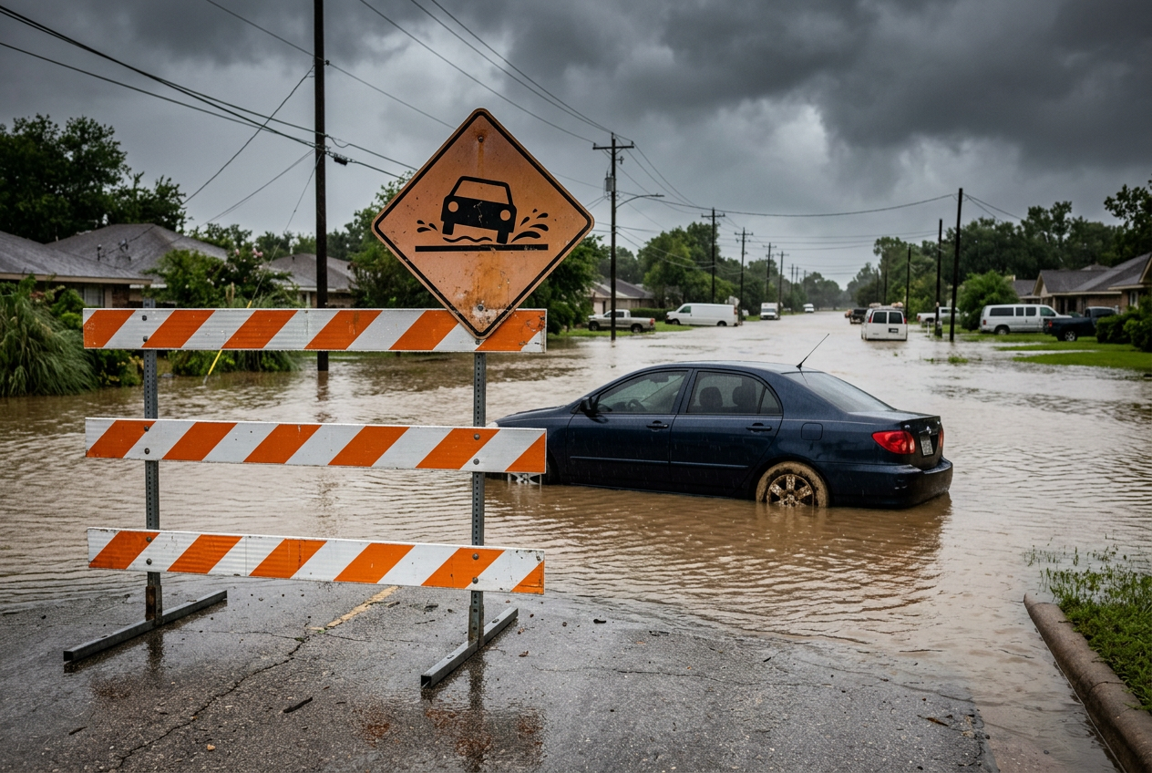 Road barricade blocking flooded street with submerged car