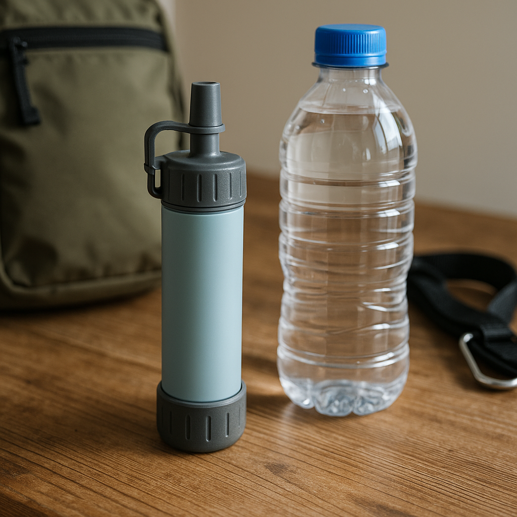 Close-up of a Sawyer Squeeze water filter attached to a water bottle in an outdoor setting