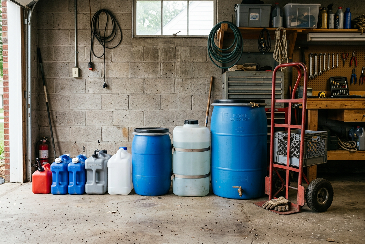 Row of water containers from small jugs to barrel