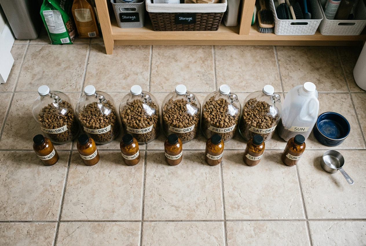 Gallon jugs grouped by day with pet bowl