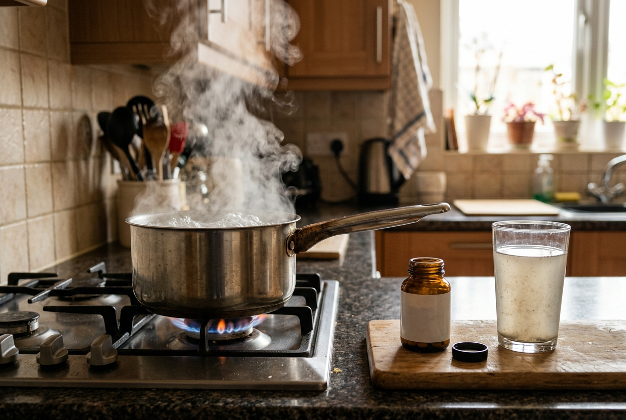 Boiling pot beside purification tablets and cloudy glass