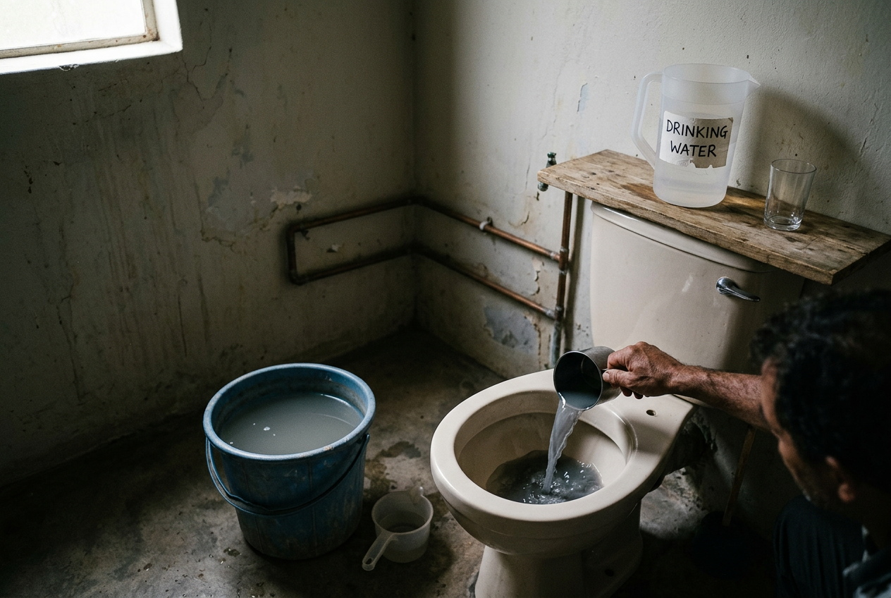 Graywater bucket by toilet, drinking jug set apart