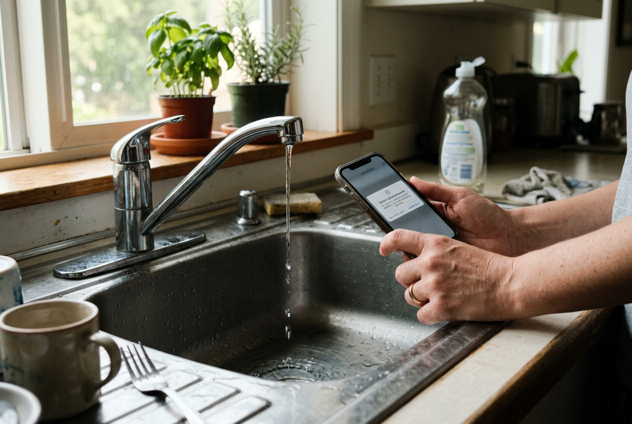 Weak faucet trickle beside hand holding phone alert