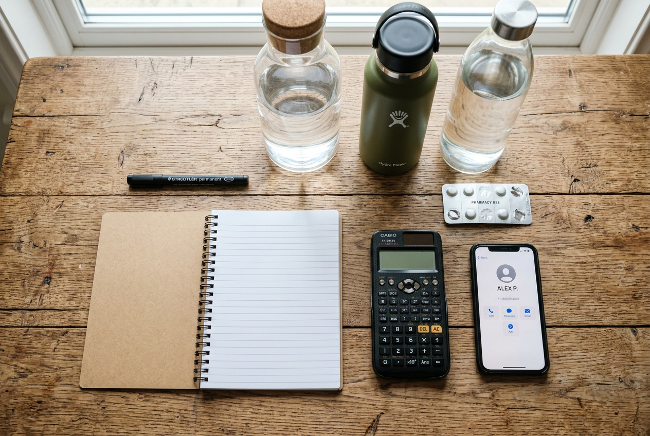 Flat-lay of notepad, calculator, jugs, tablets, phone