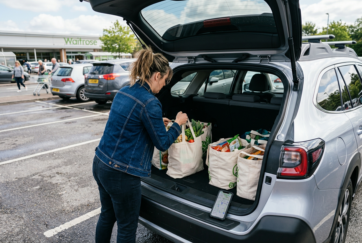 Person combining errands, loading groceries with phone map
