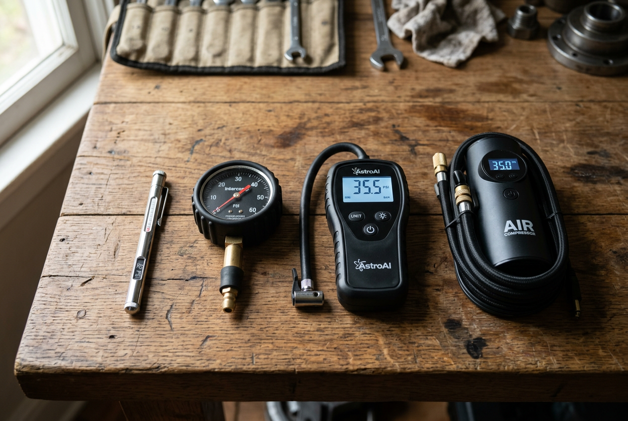 Four tire pressure tools arranged on wooden workbench