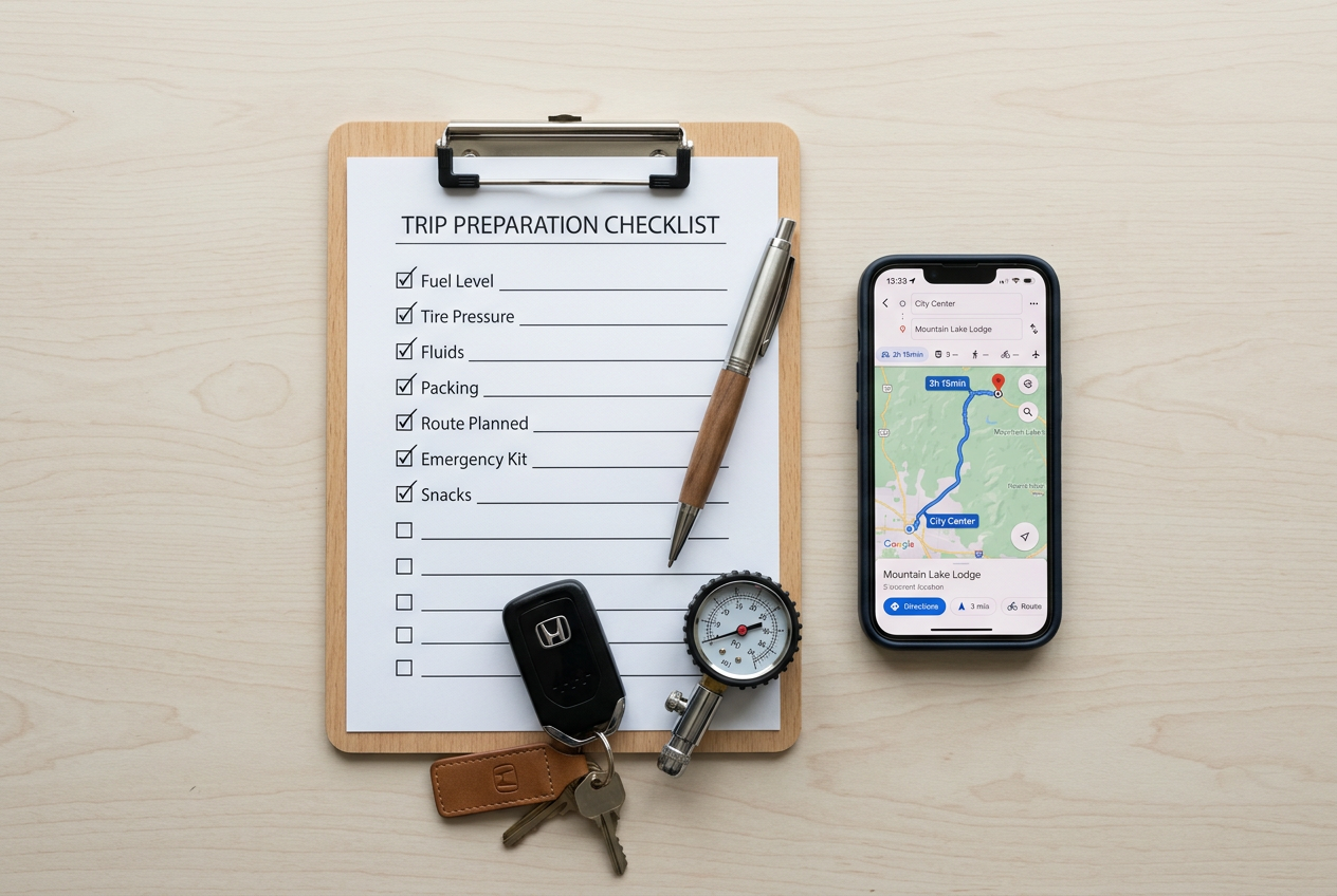 Clipboard checklist, car key, gauge, and phone on desk